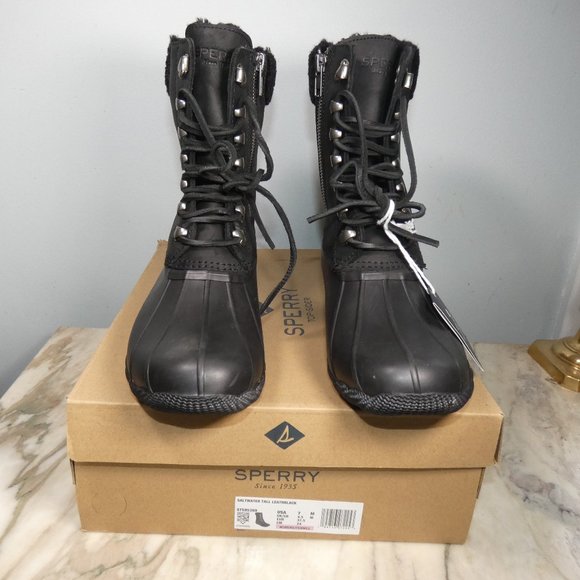 Sperry womens Saltwater Tall Leather Cozy Rain Boot, Black, 7 US - Picture 6 of 10